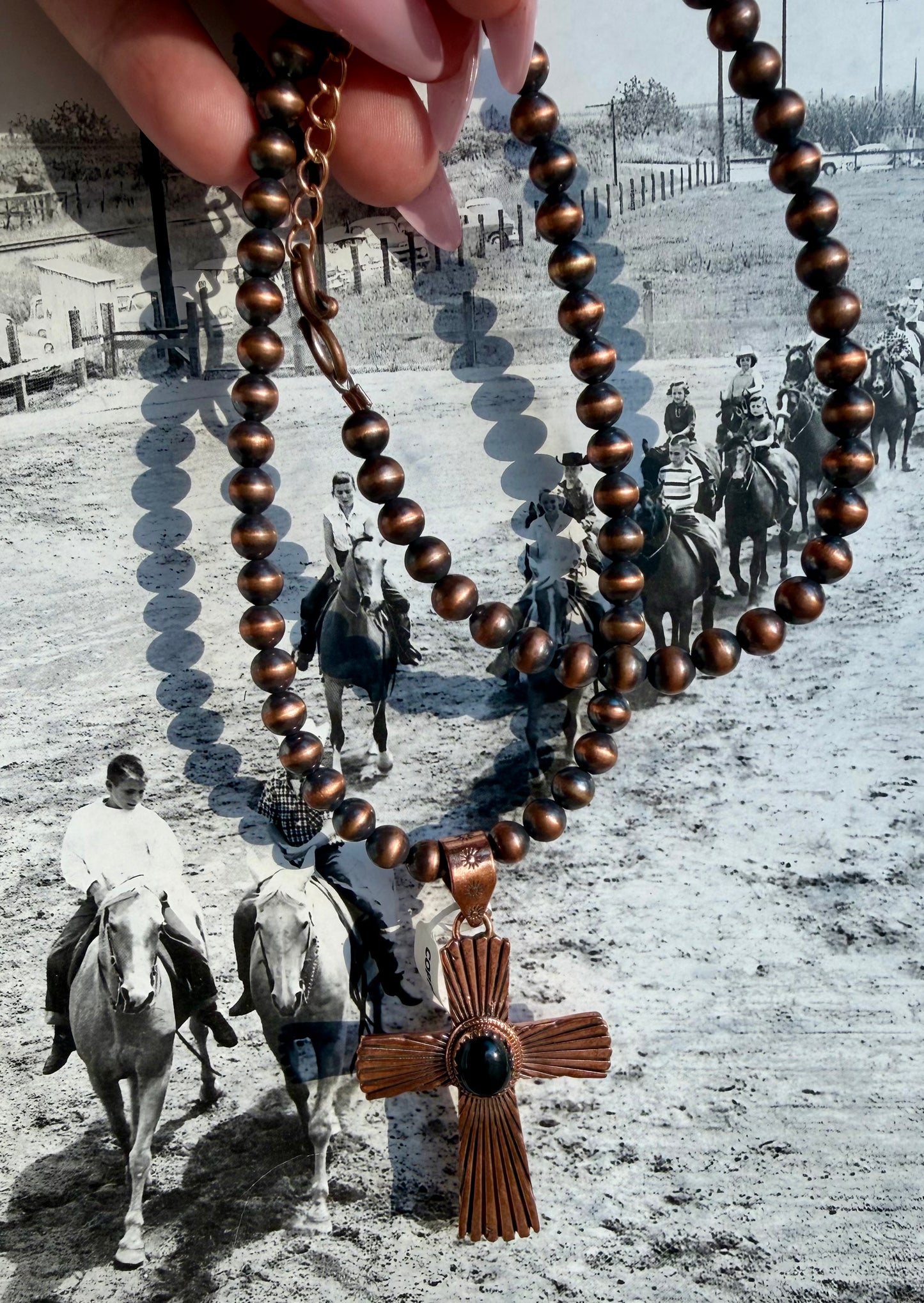 Copper cross with pearls